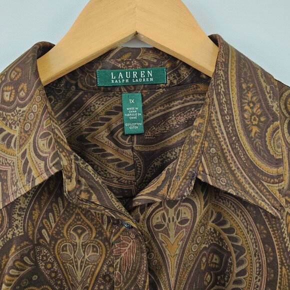 Ralph Lauren Button Down Shirt Womens 1X Paisley 100% Cotton Brown Tan Old Money - Picture 3 of 10